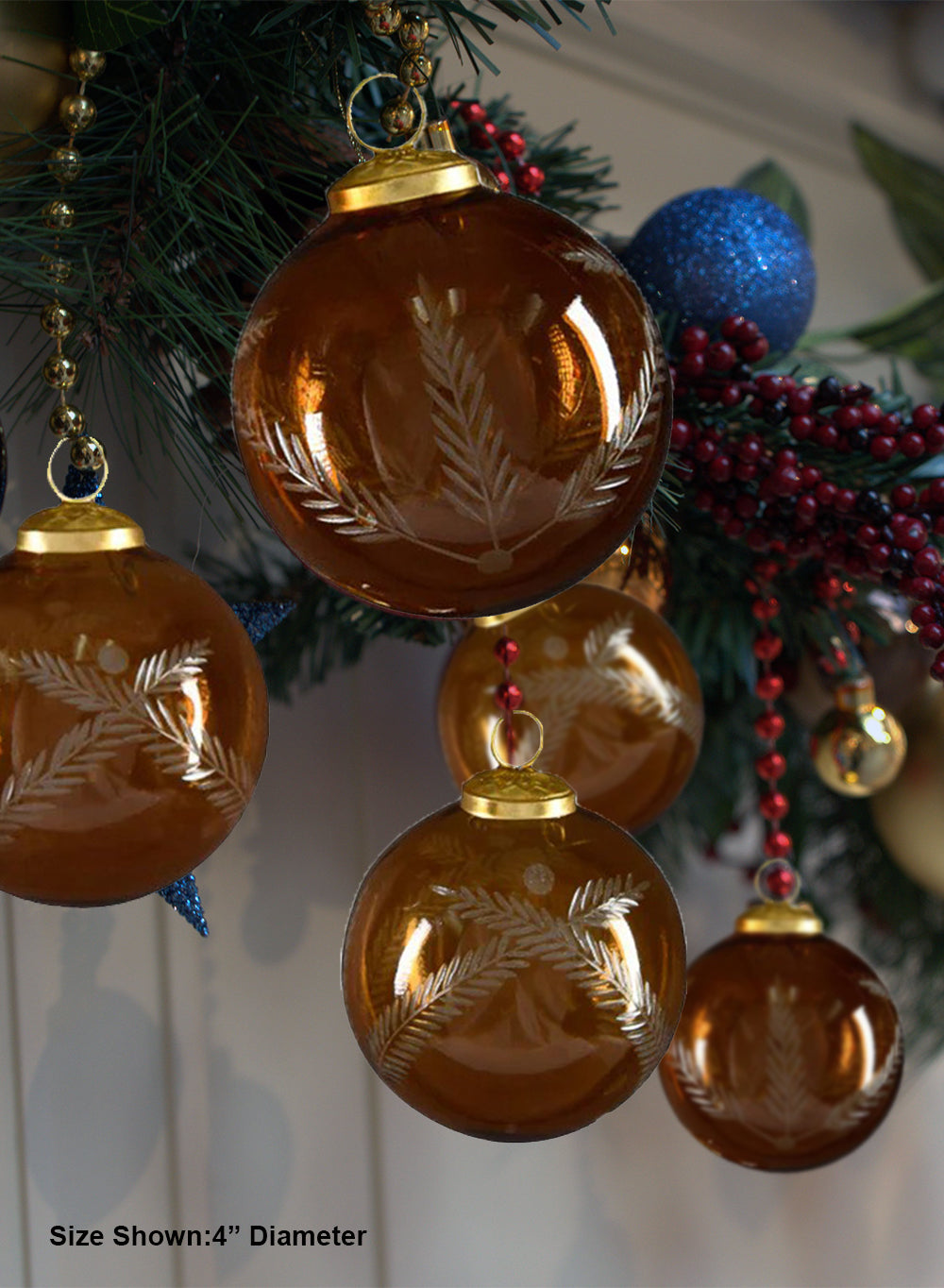 4" Amber Palm Etched Glass Ornament, Pack of 4