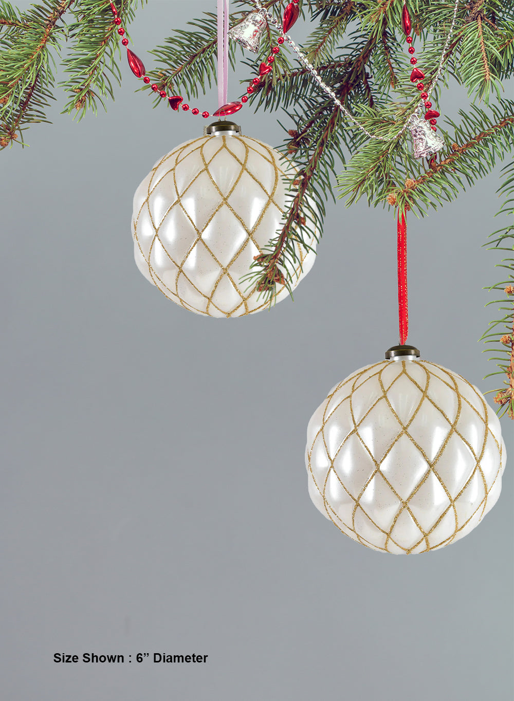 6" Quilted Pearl White Ornaments, Pack of 6