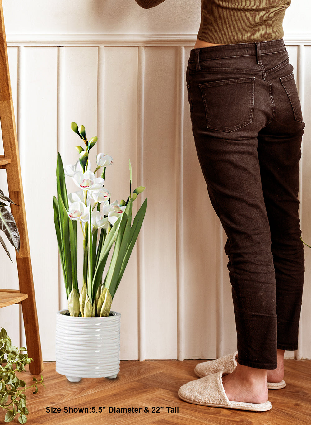 Lifelike White Orchid in Ribbed Ceramic Pot, 5.5" Diameter & 22" Tall