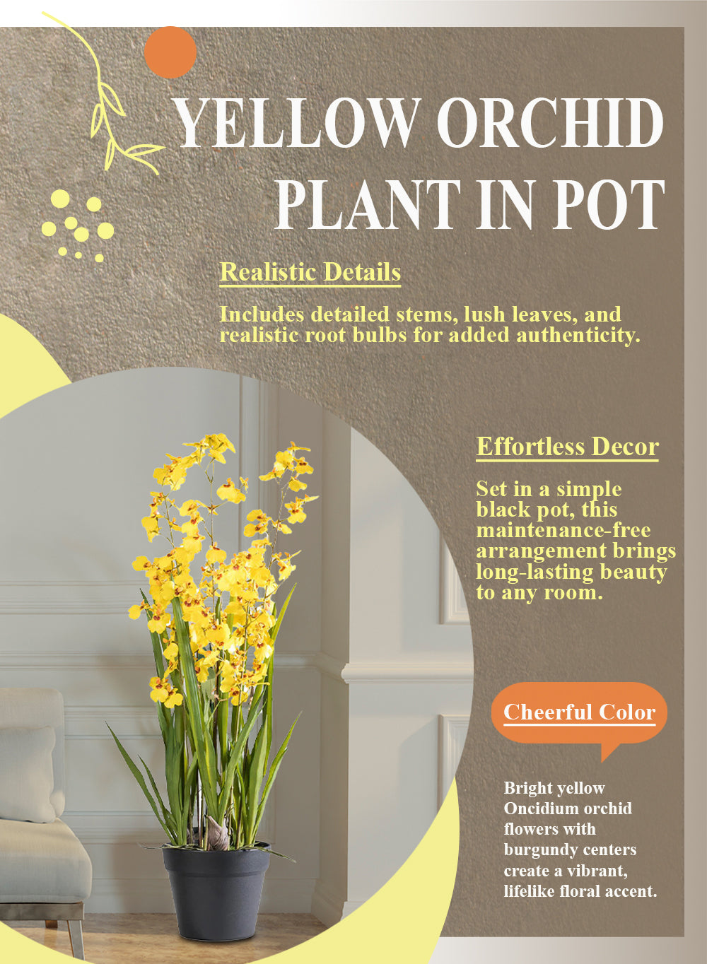 Yellow Orchid Plant in Black Pot, 7.5" Diameter & 31.8" Tall