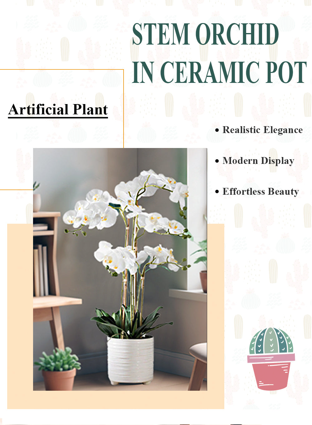 5-Stem Blooming Orchid in Ribbed Ceramic Pot, 6.5" Diameter & 30.5" Tall