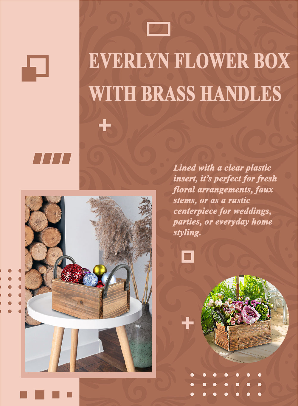 Everlyn Flower Box with Metal Handles, 9" Long, 6" Wide & 7.3" Tall