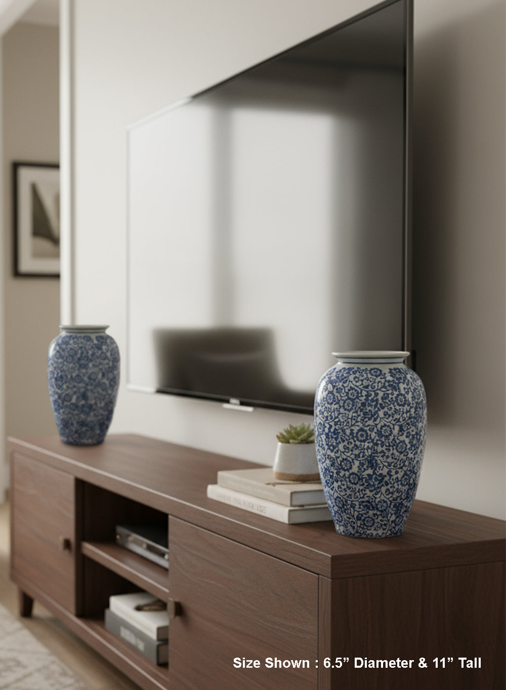 Ming Blossom Blue/White Ceramic Vase, 6.5" Diameter & 11" Tall