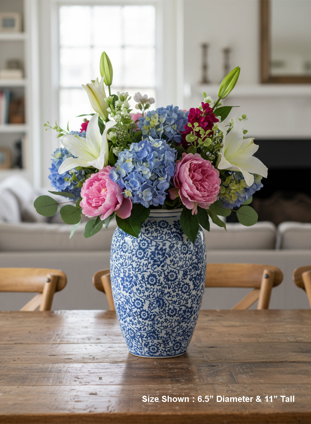 Ming Blossom Blue/White Ceramic Vase, 6.5" Diameter & 11" Tall