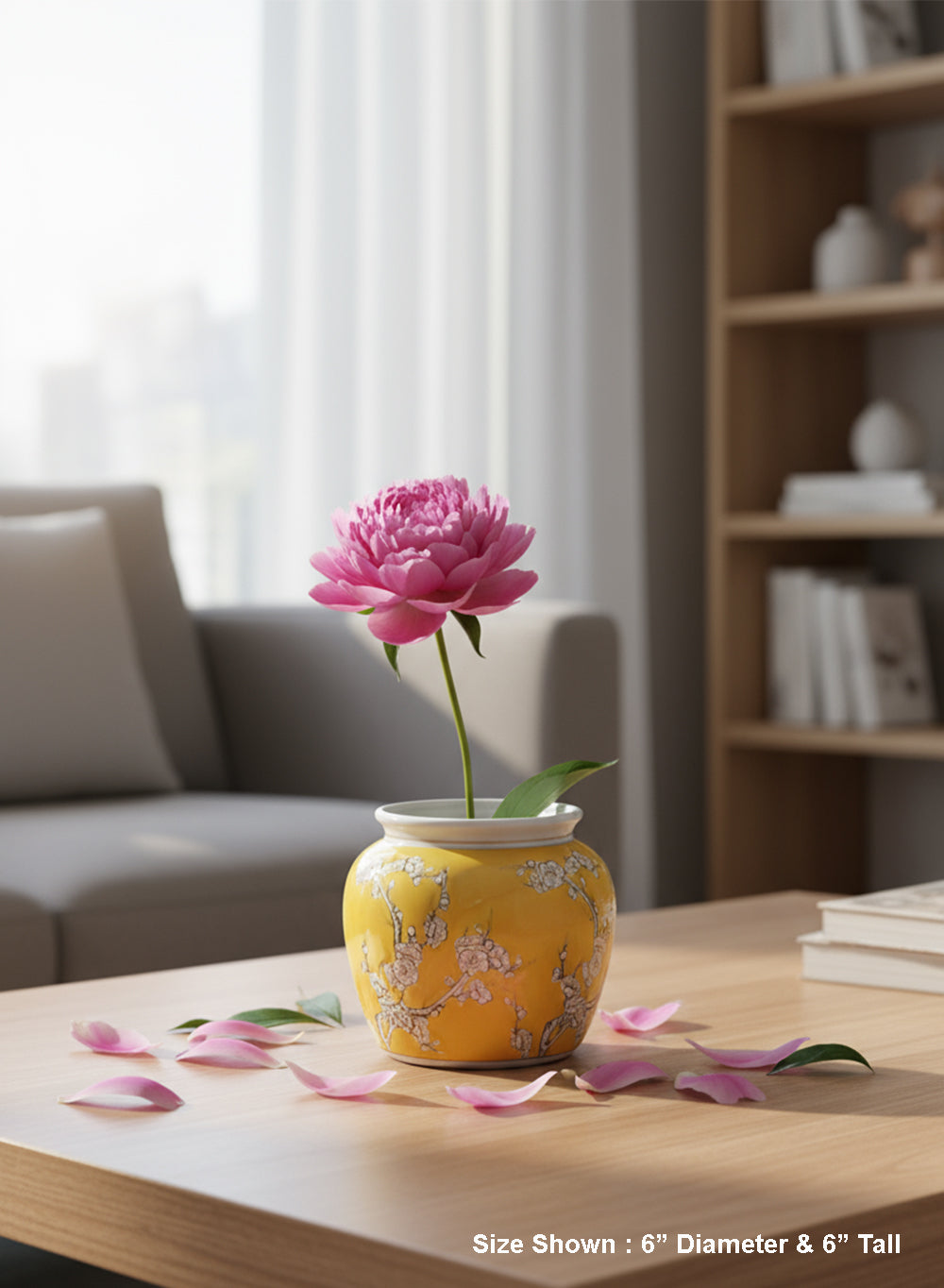 Oriental Blossom Ceramic Vase, 6" Diameter & 6" Tall