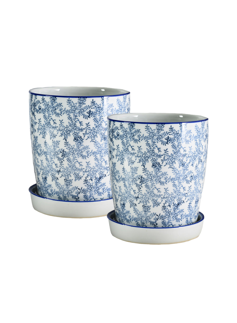 Ming Blossom Blue & White Ceramic Planter with Saucer, 8" Diameter & 8" Tall