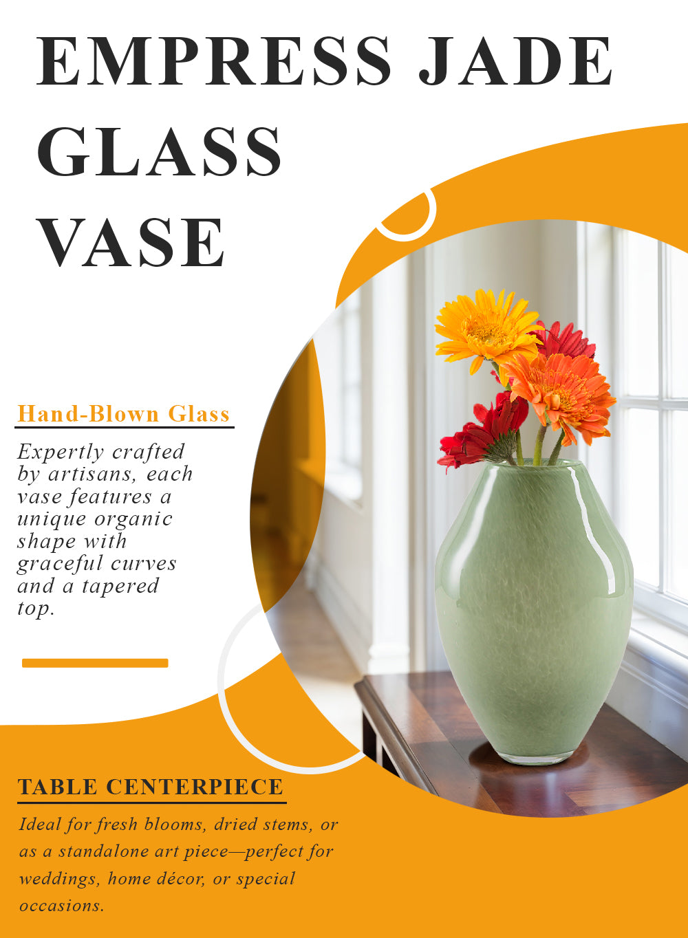 Empress Jade Glass Vase, 7" Diameter & 10" Tall