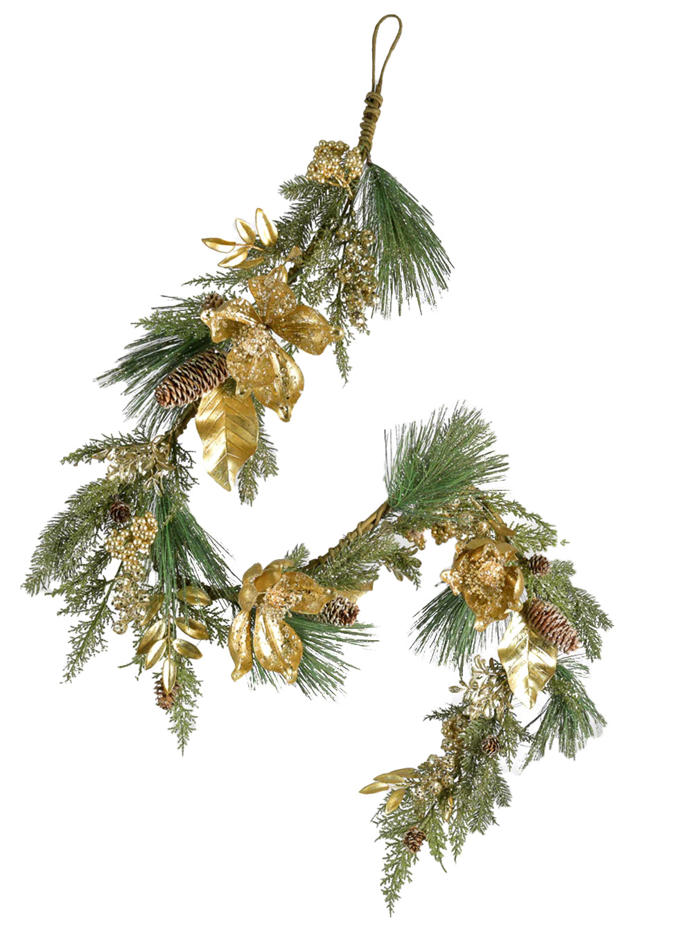 60" Gold Christmas Garland with Pinecones & Florals