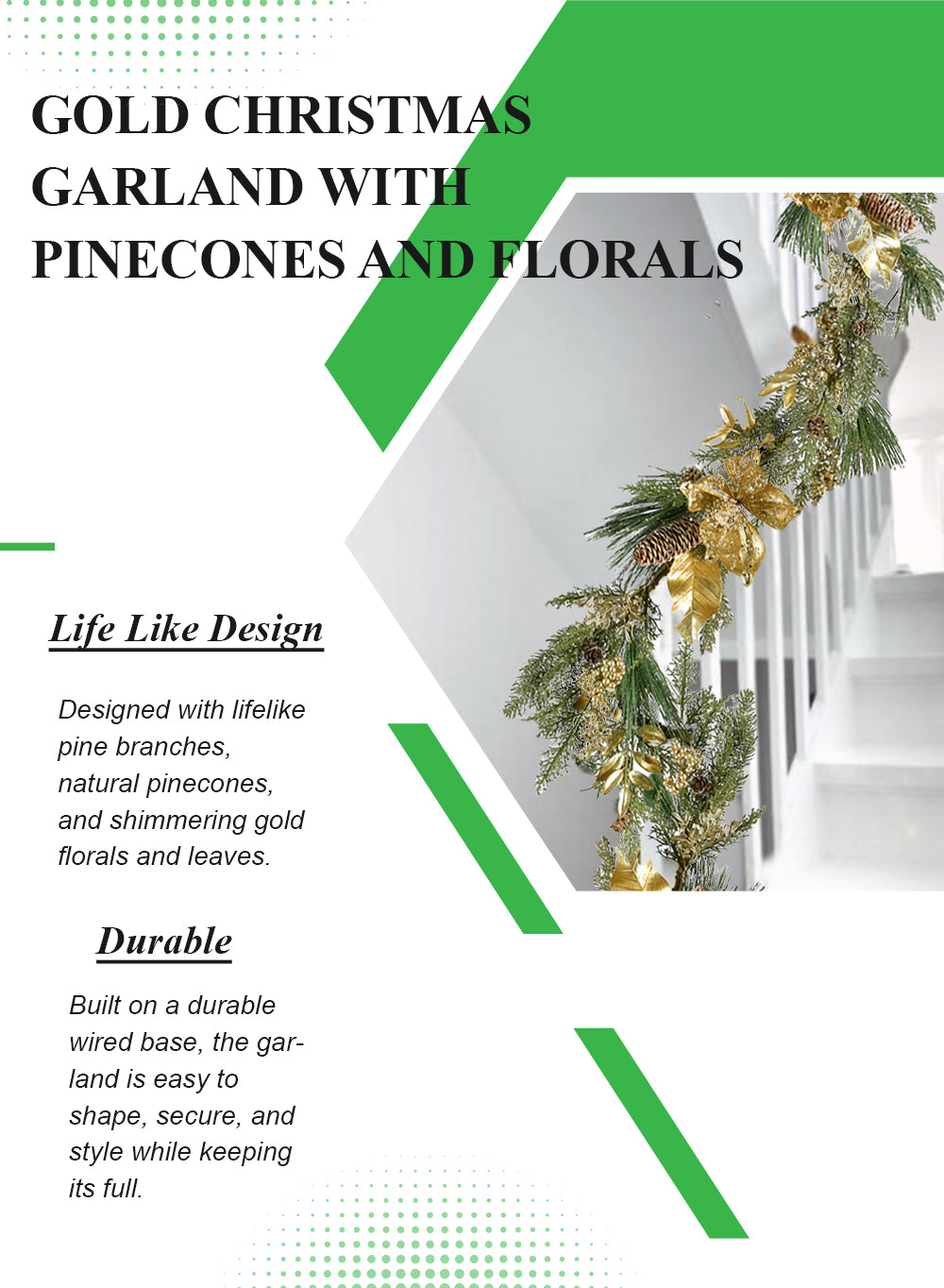 60" Gold Christmas Garland with Pinecones & Florals