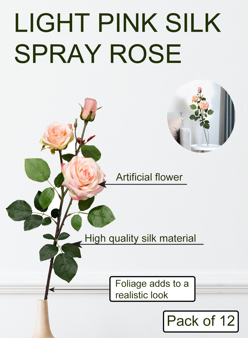 Light Pink Silk Spray Roses, Pack of 12