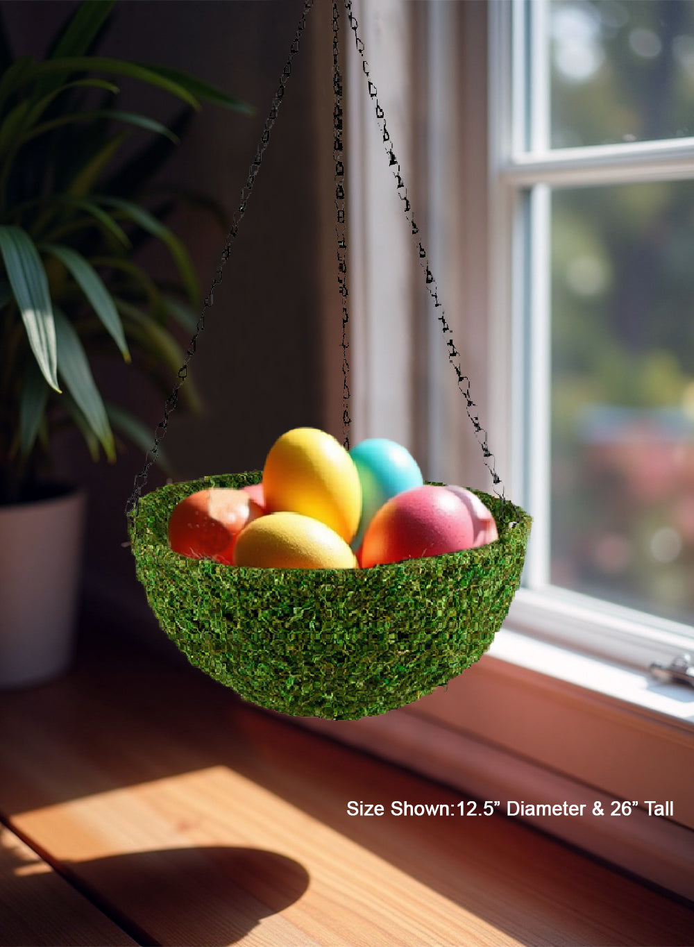 Preserved Green Moss Hanging Basket, 12.5" Diameter & 5" Tall
