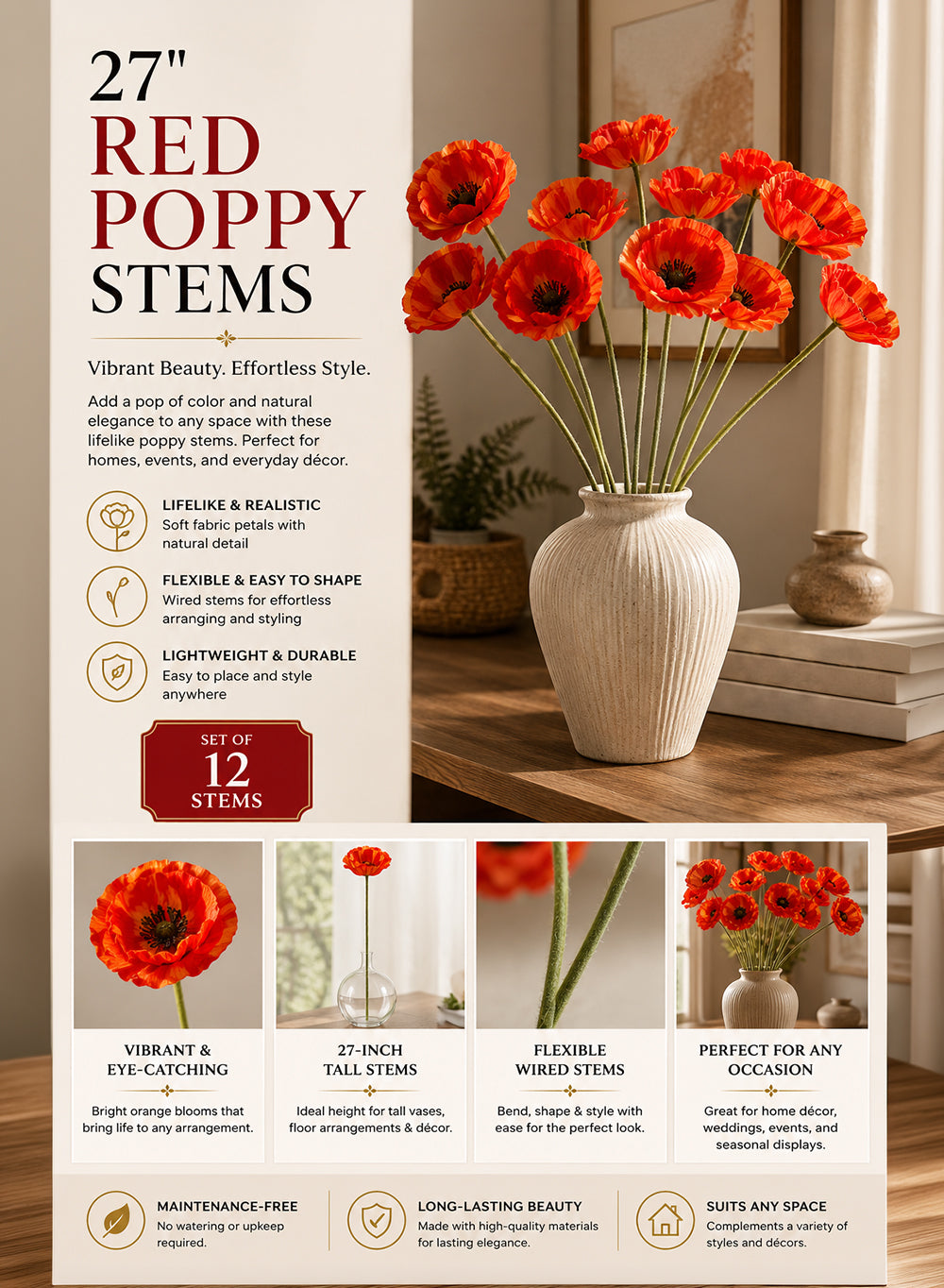 27" Artificial Poppy Stem Collection