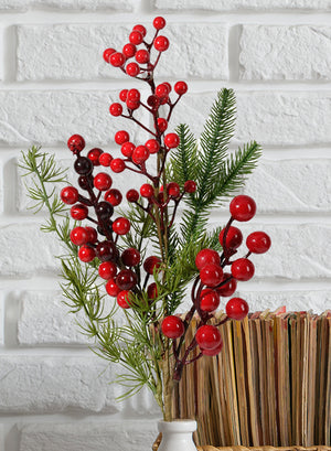 20" Red Pine Berry Branch, Set of 4