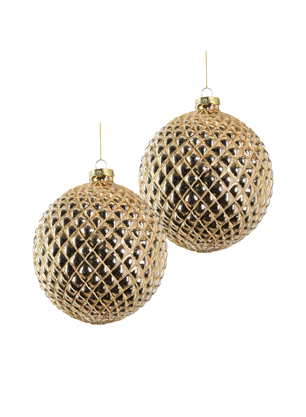 9" Large Quilted Gold Glass Ornaments, Pack of 2