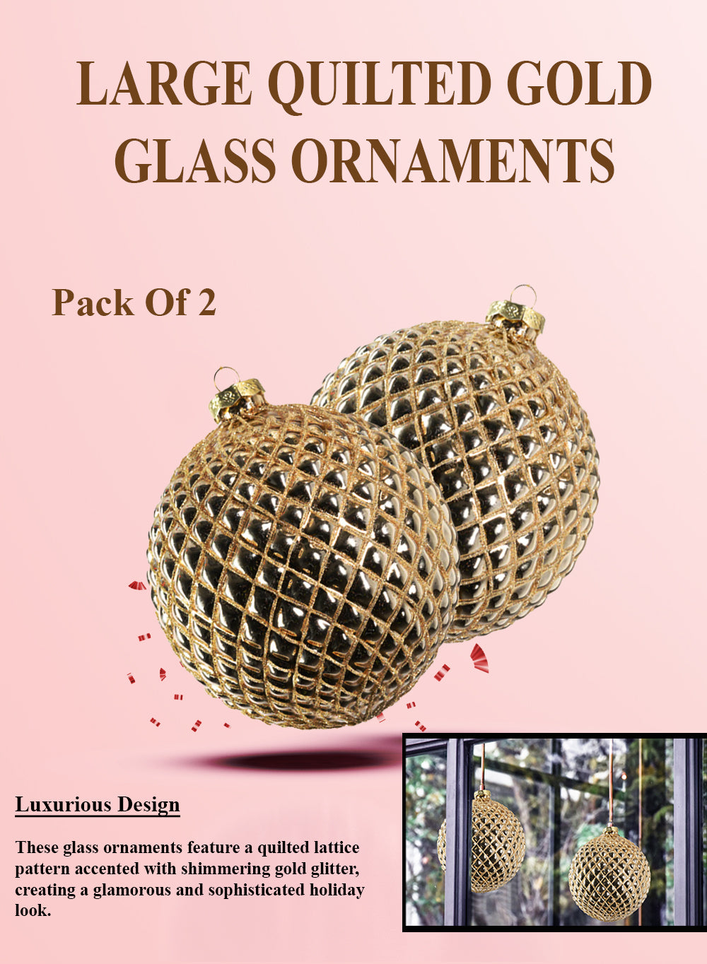 9" Large Quilted Gold Glass Ornaments, Pack of 2