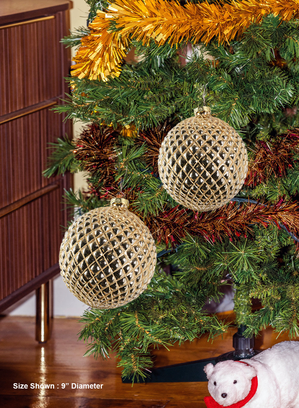 9" Large Quilted Gold Glass Ornaments, Pack of 2