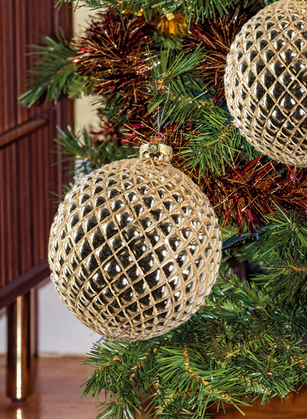 9" Large Quilted Gold Glass Ornaments, Pack of 2