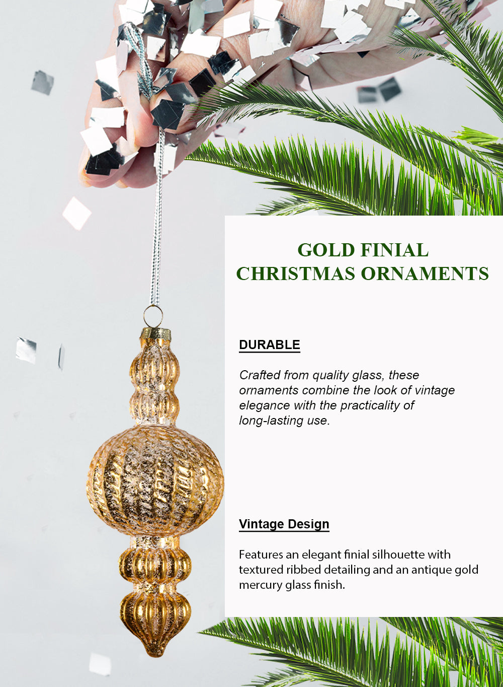 6" Gold Finial Christmas Glass Ornaments, Pack of 4