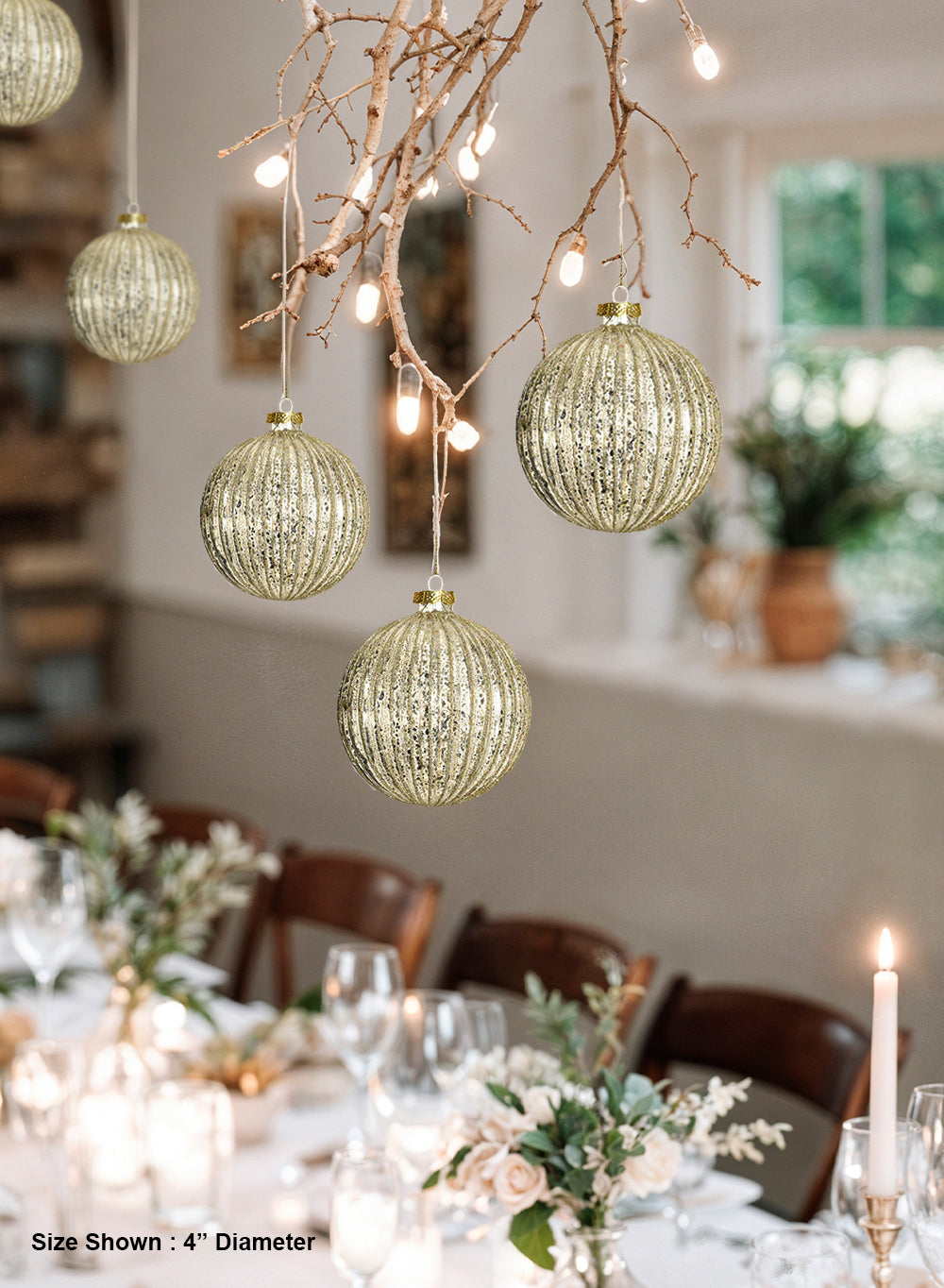 4" Gold Mercury Ribbed Glass Ornaments, Pack of 4