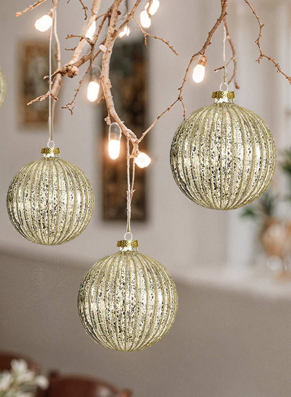 4" Gold Mercury Ribbed Glass Ornaments, Pack of 4