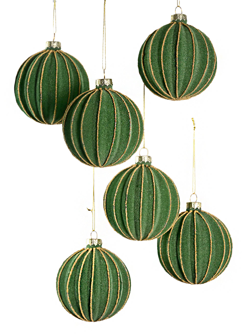 3" Velvet Green Glass Christmas Ornaments, Pack of 6