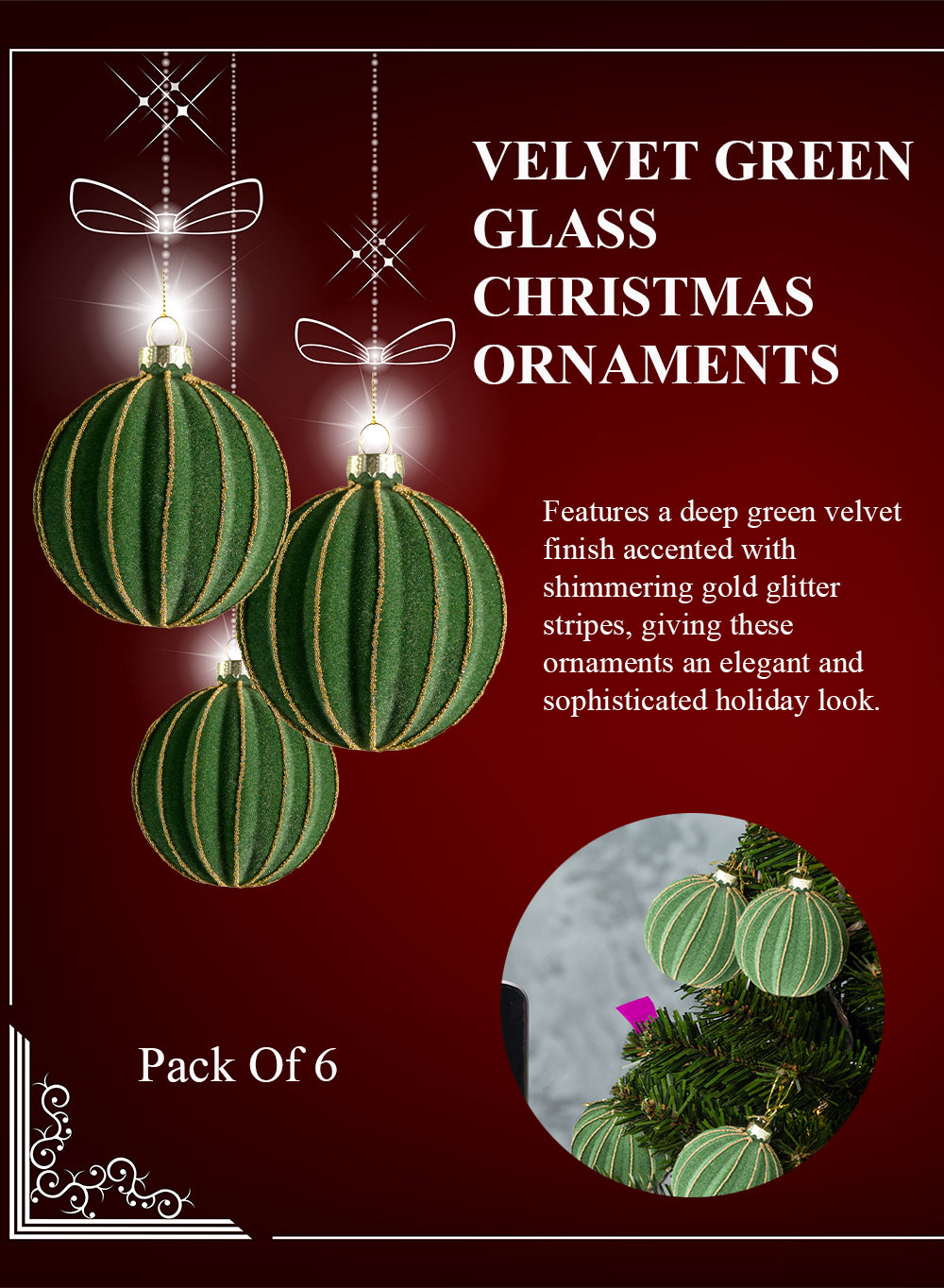 3" Velvet Green Glass Christmas Ornaments, Pack of 6