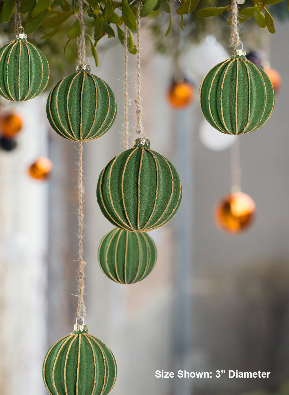 3" Velvet Green Glass Christmas Ornaments, Pack of 6