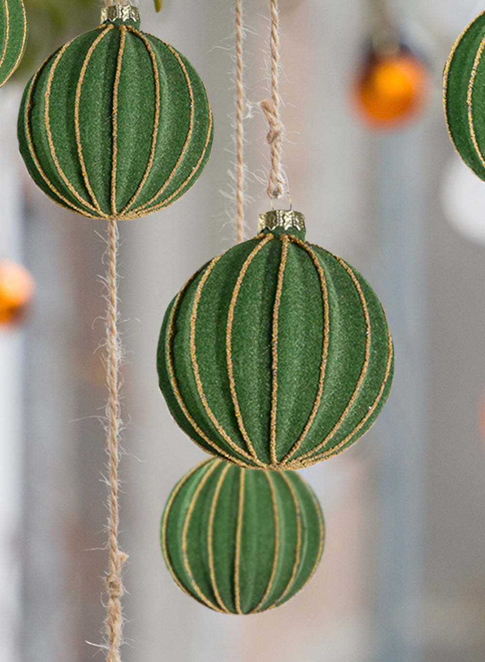3" Velvet Green Glass Christmas Ornaments, Pack of 6