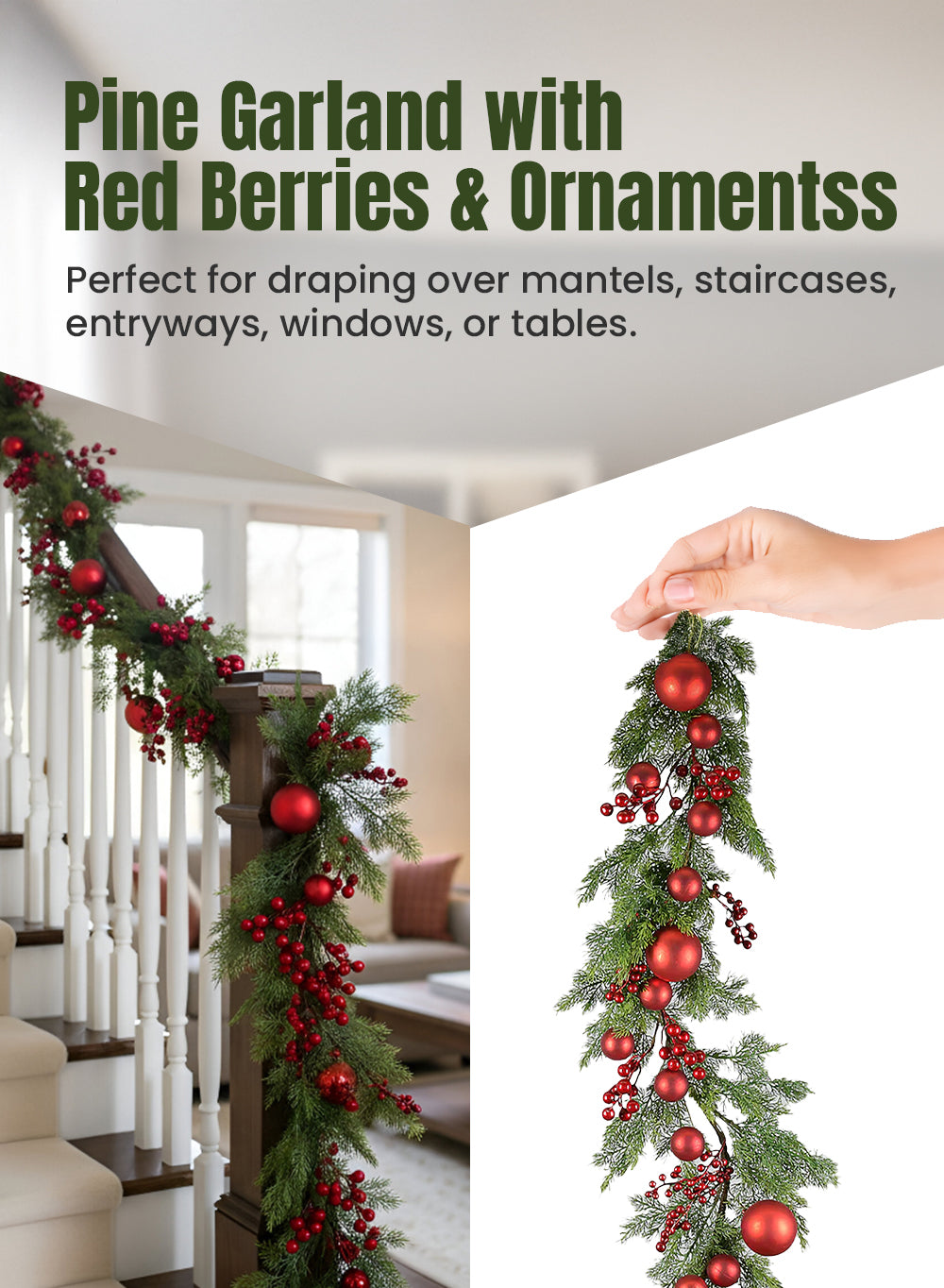 62" Pine Garland with Red Berries & Ornaments