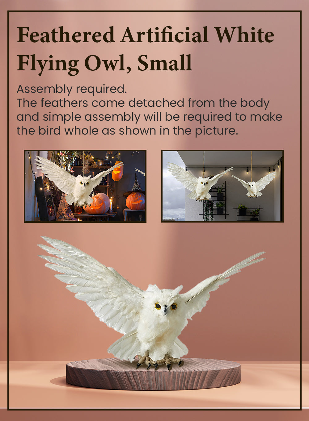 Feathered Artificial White Flying Owl, in 2 Sizes