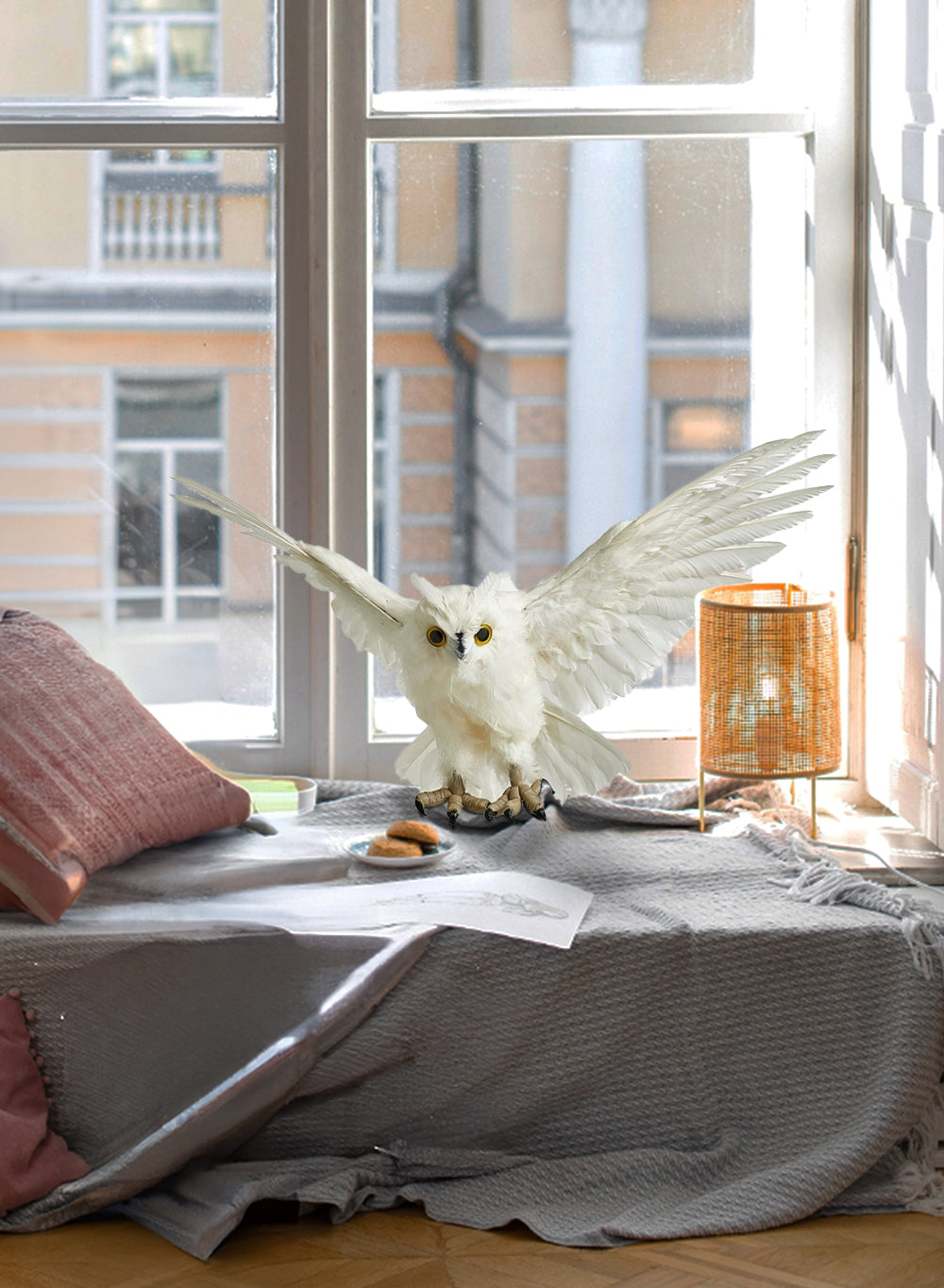 Feathered Artificial White Flying Owl, in 2 Sizes