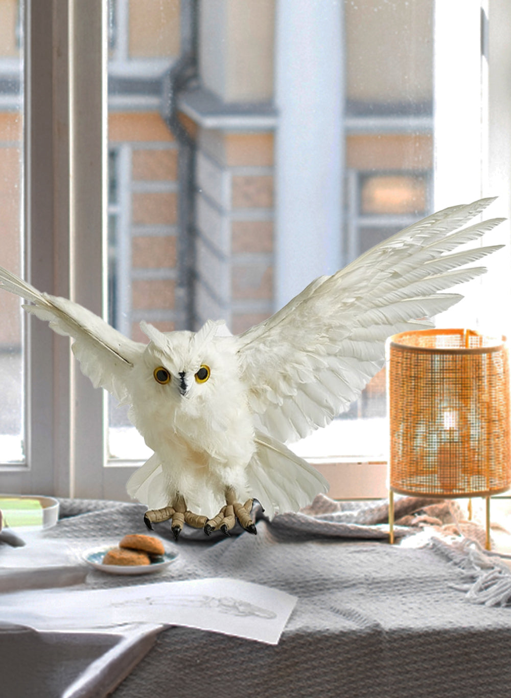 Feathered Artificial White Flying Owl, in 2 Sizes