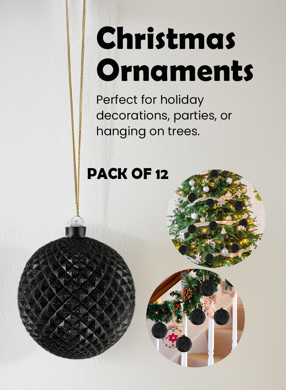 Black Christmas Ball Ornament, Pack of 12