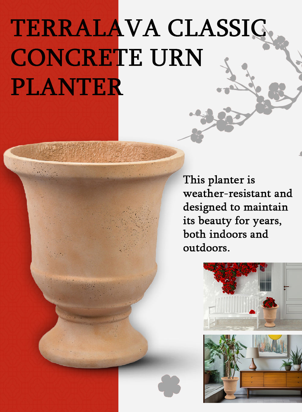 TerraLava Concrete Urn Planter, 15.5" Diameter & 18" Tall