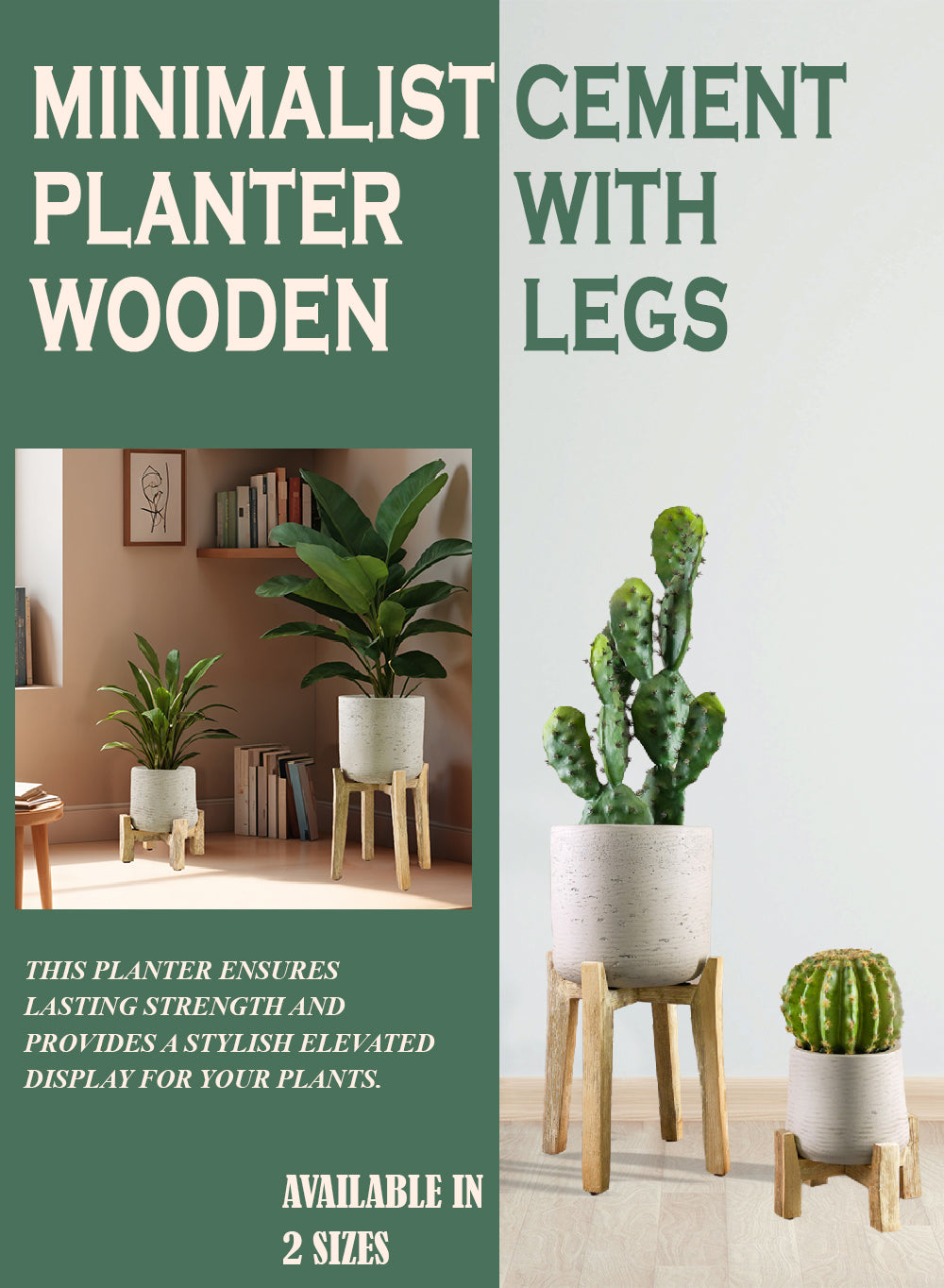 Minimalist Cement Planter with Wooden Legs, in 2 Sizes