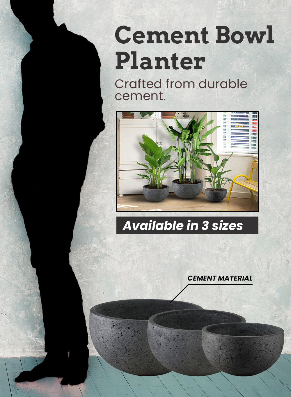 Charcoal Black Cement Bowl Planter