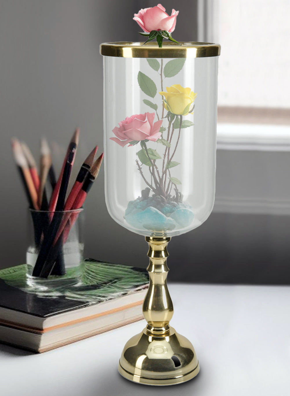 14.5" Gold-Rimmed Pedestal Hurricane