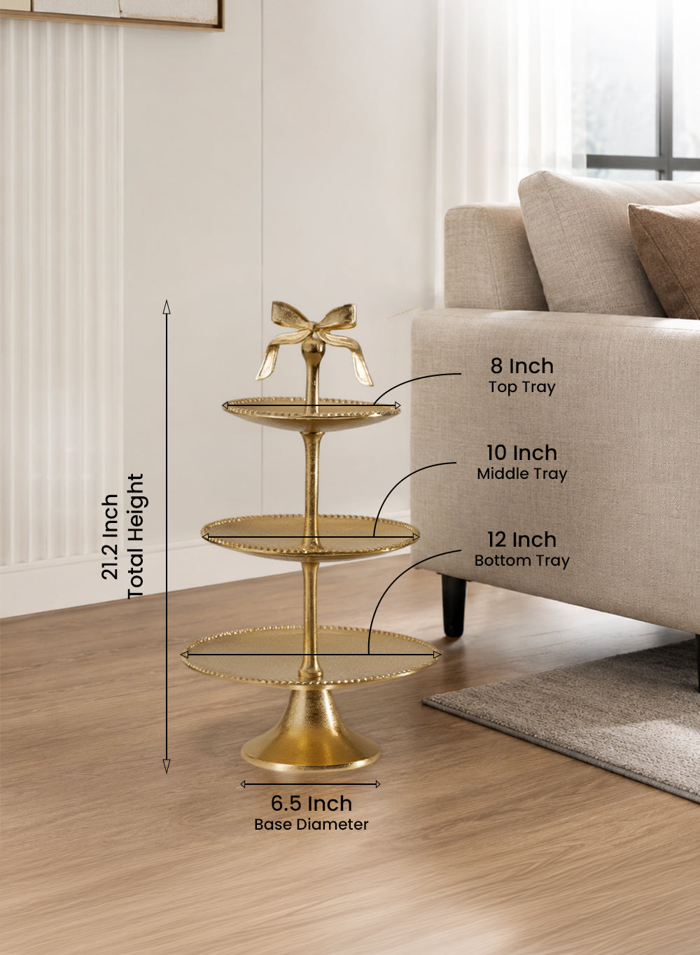 Maison Bow 3-Tier Gold Display Aluminum Stand, 12" Diameter & 21.2" Tall