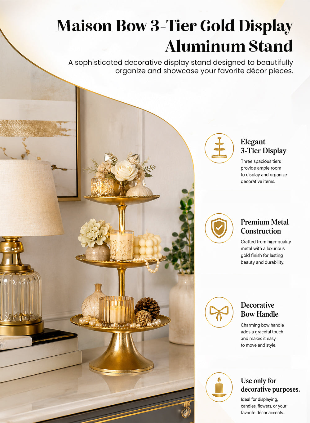 Maison Bow 3-Tier Gold Display Aluminum Stand, 12" Diameter & 21.2" Tall