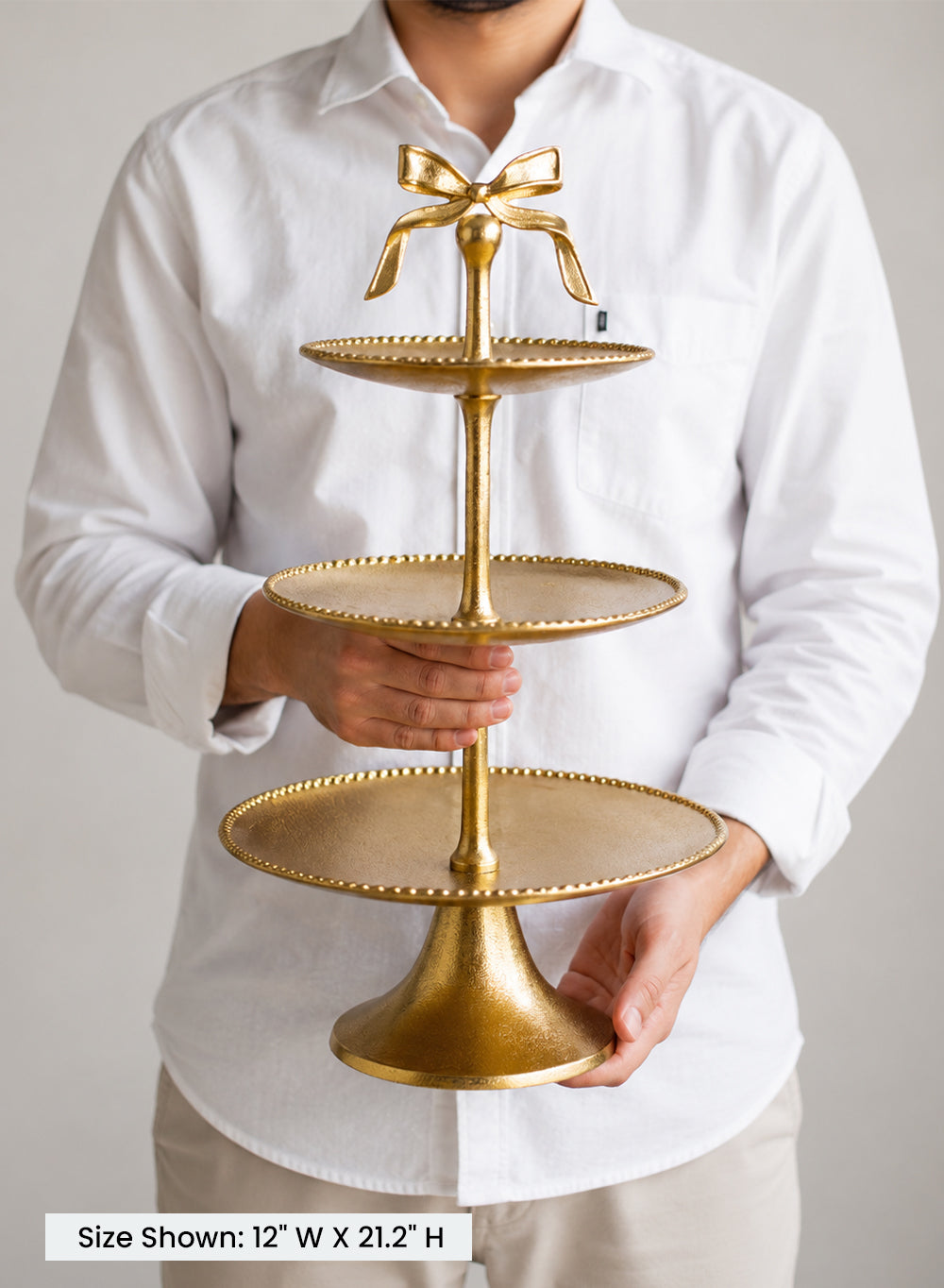 Maison Bow 3-Tier Gold Display Aluminum Stand, 12" Diameter & 21.2" Tall