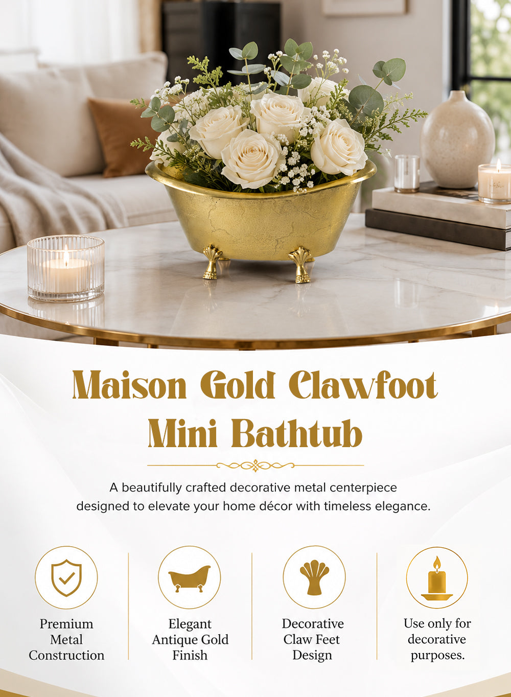 Maison Gold Clawfoot Mini Bathtub, 18" Long, 12" Wide & 8.5" Tall