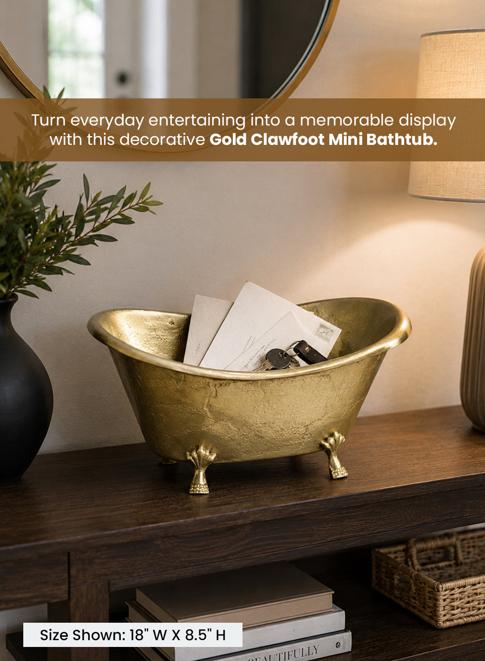 Maison Gold Clawfoot Mini Bathtub, 18" Long, 12" Wide & 8.5" Tall
