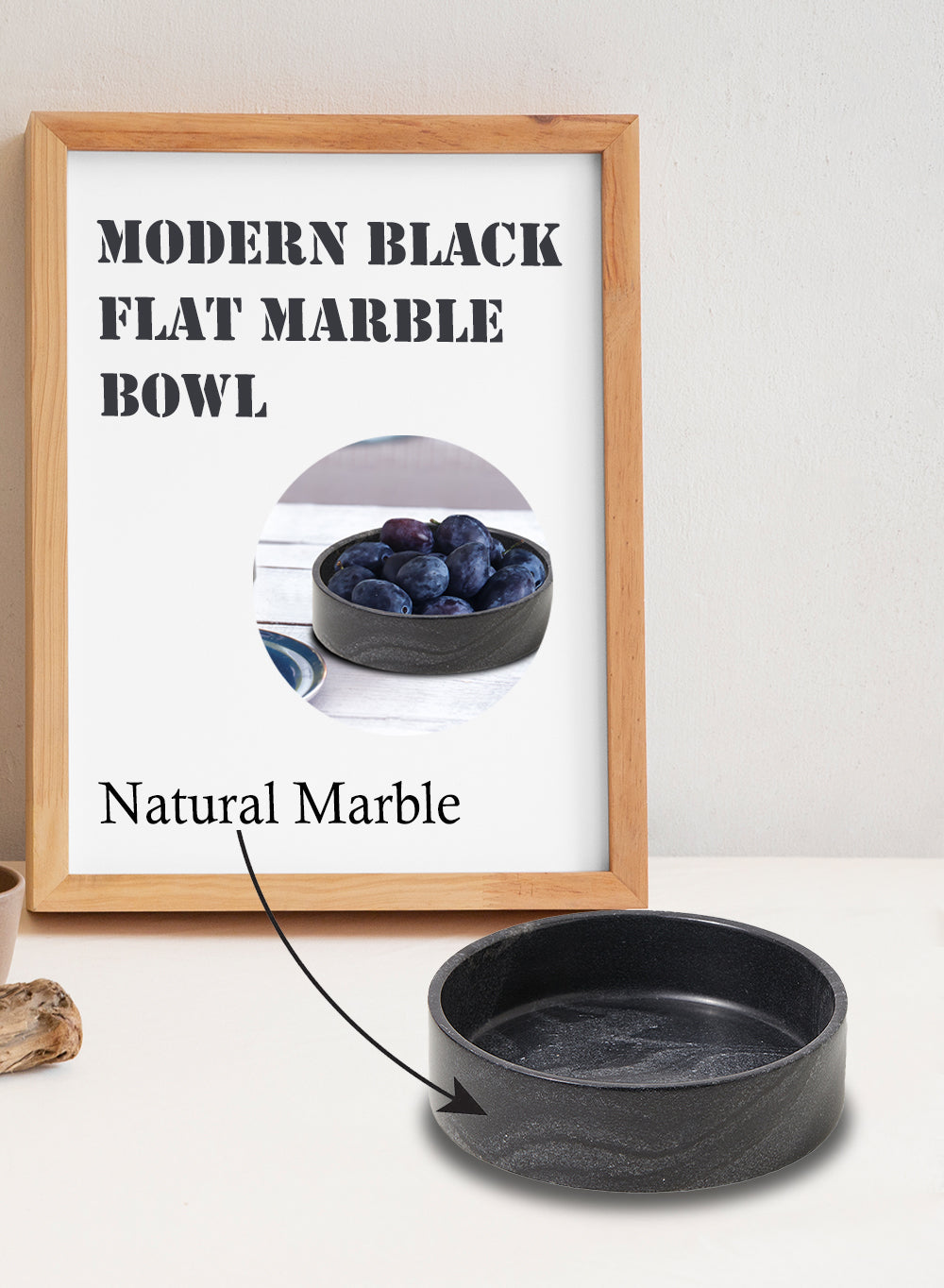 Modern Black Flat Marble Bowl, 7" Diameter & 2" Tall