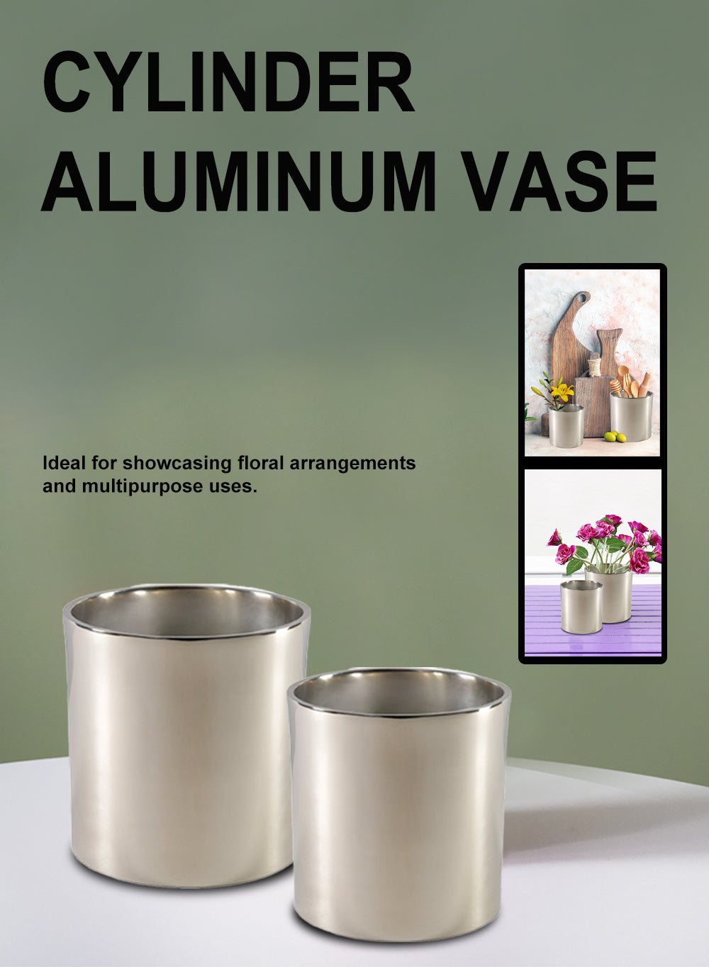 Silver Cylinder Aluminum Vase, in 2 Sizes