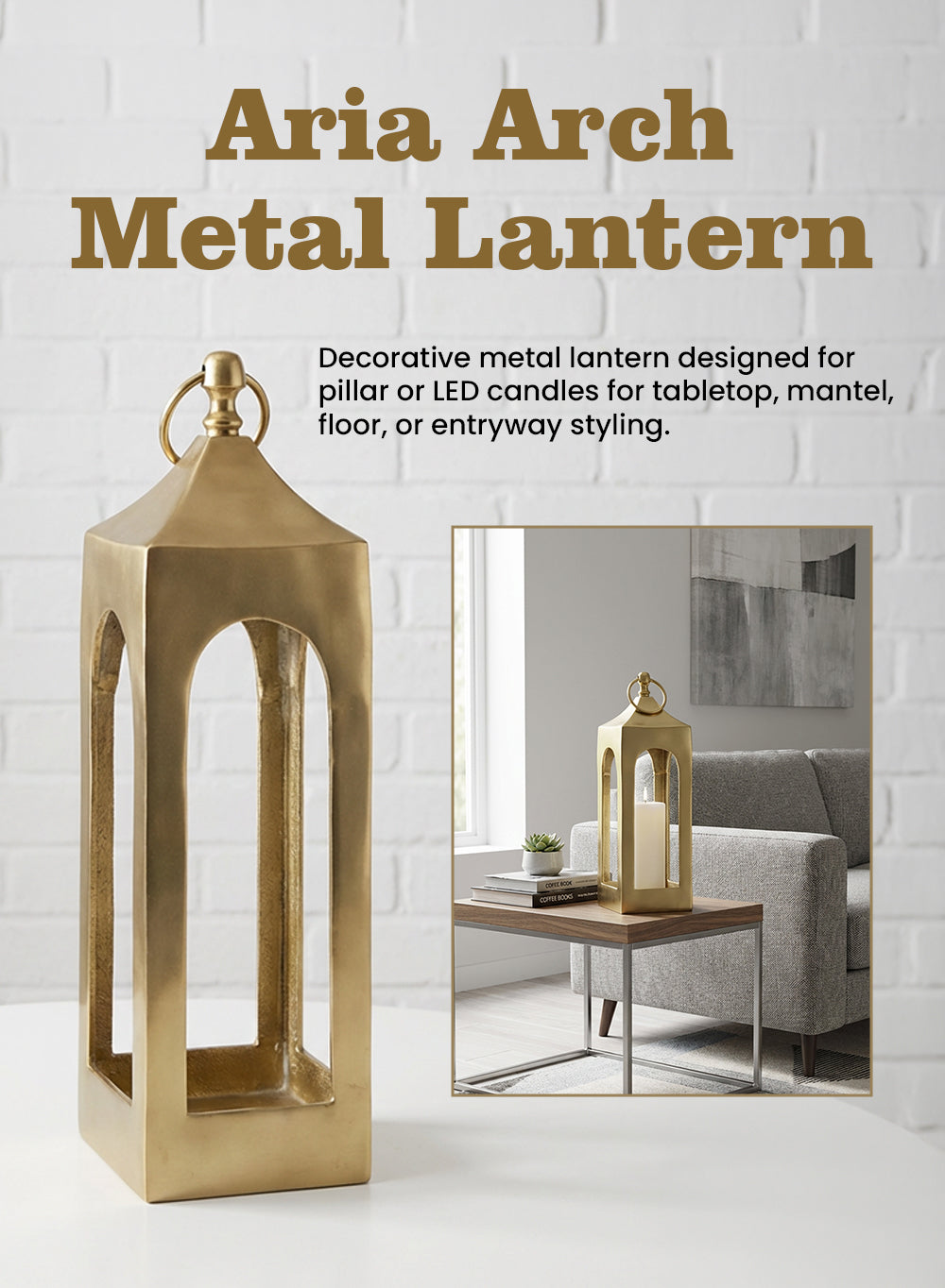 Aria Arch Metal Lantern, 6" Square & 21.5" Tall