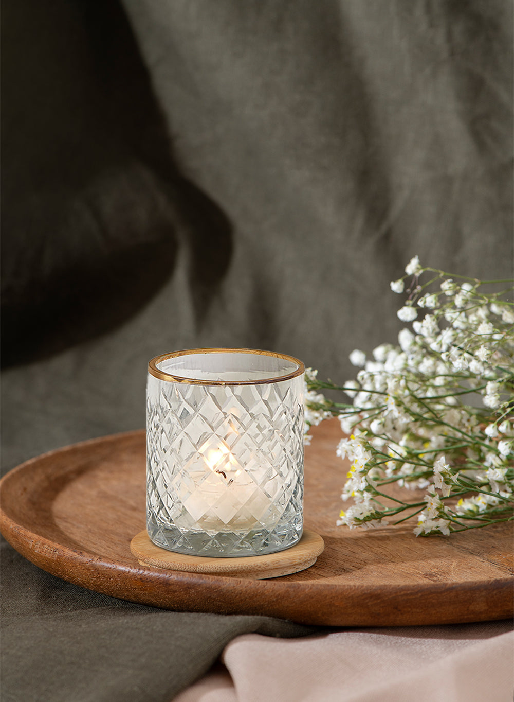 Incised Glass Votive Holder with Gold Rim, in 2 Patterns, Set of 4 and 32