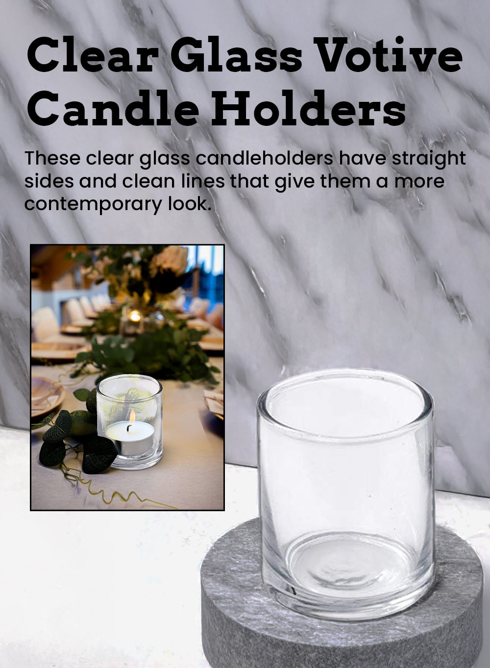 Serene Spaces Living Clear Glass Votive Candle Holders, 3" Tall and 2.5" Diameter