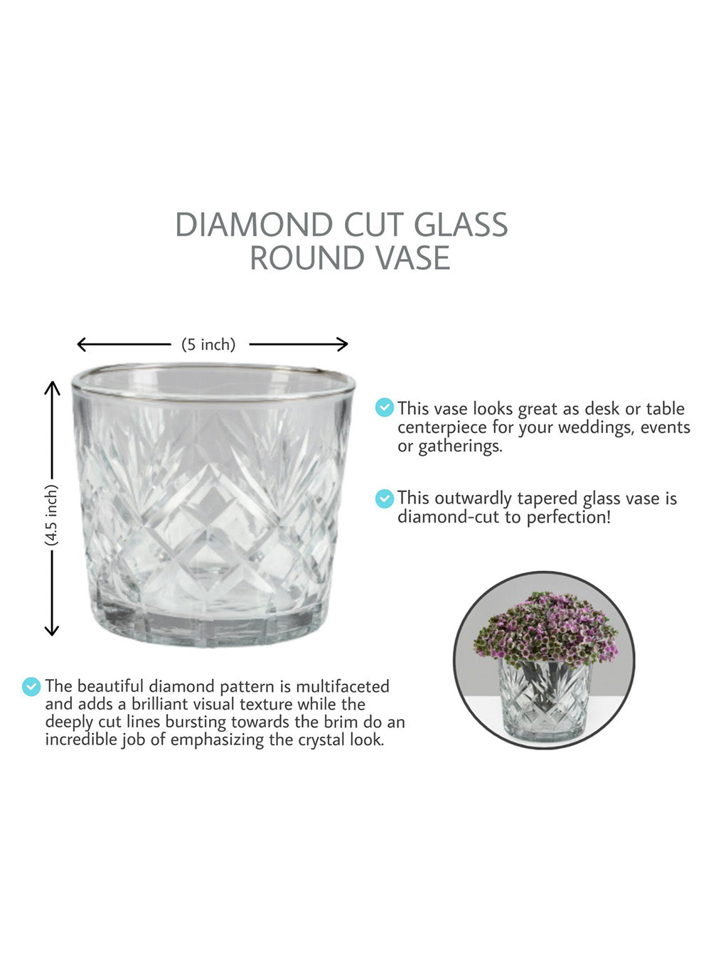 Serene Spaces Living Diamond Cut Glass Flowers Vase for Weddings, In 3 Shapes