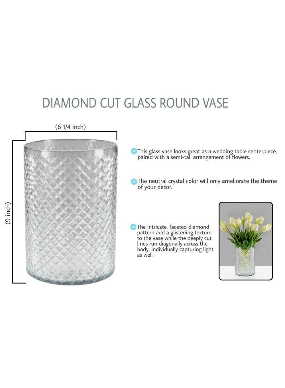 Serene Spaces Living Diamond Cut Glass Flowers Vase for Weddings, In 3 Shapes