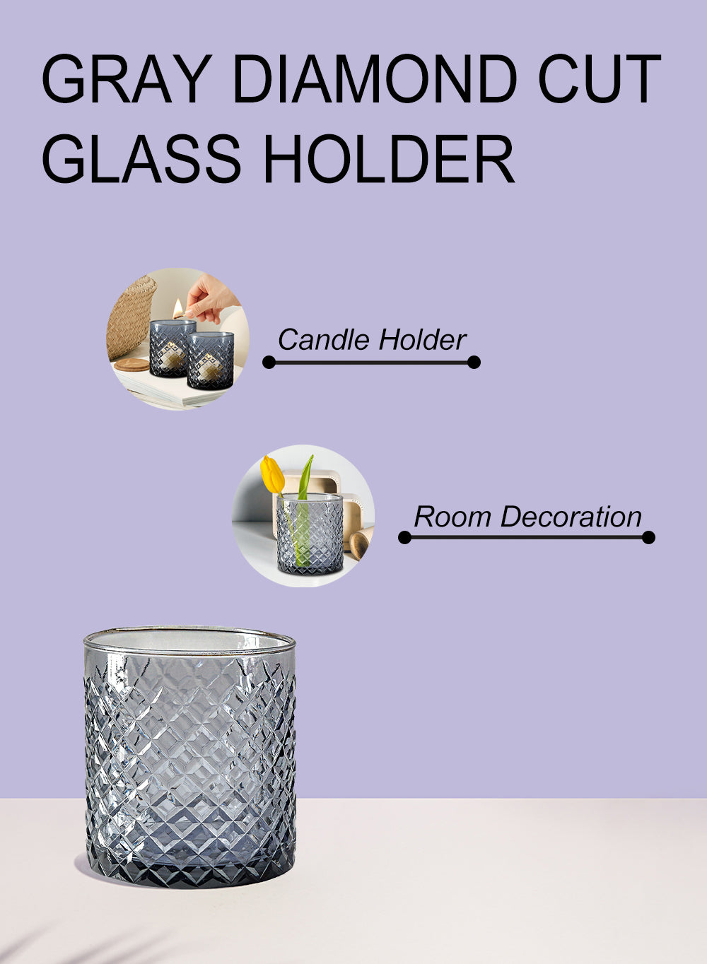 5" Gray Diamond Cut Glass Candle Vase